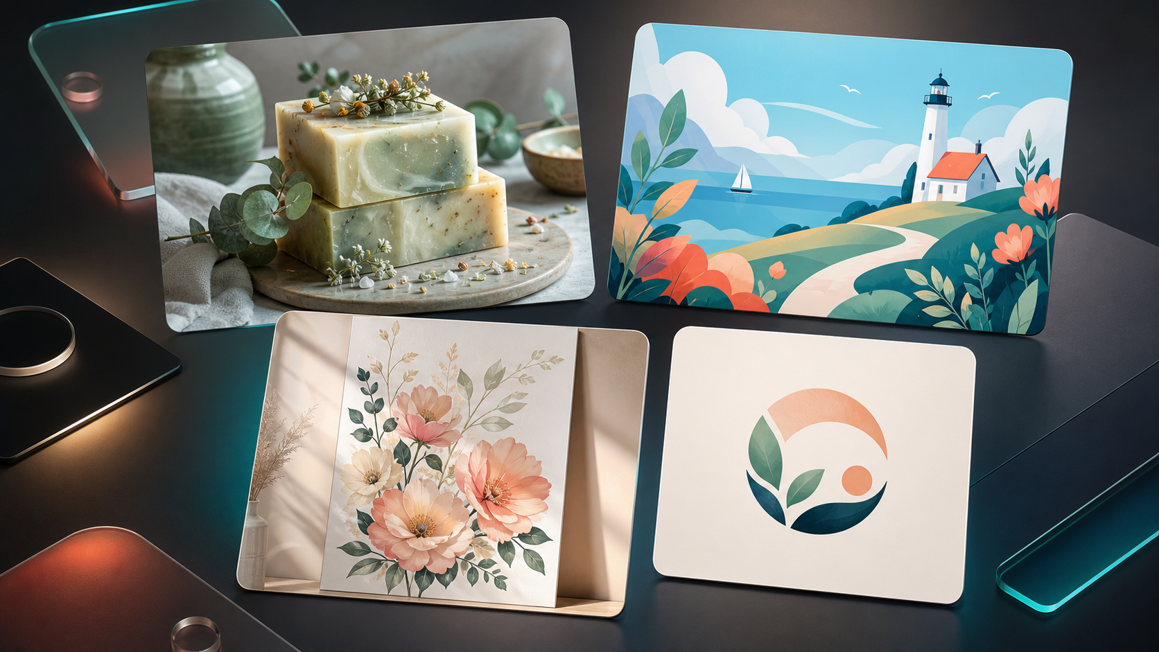 Generated examples for product photos, website art, printable art, and logo concepts